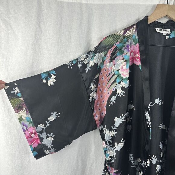 Sam Well Black Floral Peacock Belted Satin Kimono Robe Womens OSFM - Picture 8 of 14